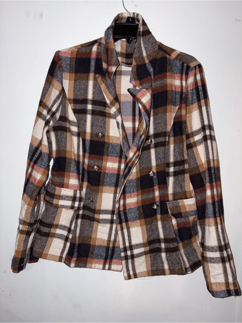 Plaid Double-Breasted Women's Jacket - Brown/Black/Cream